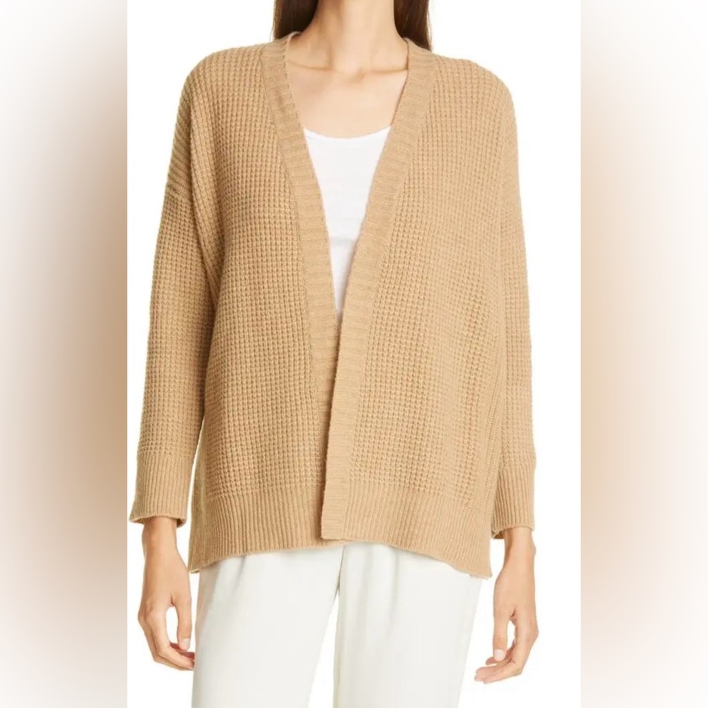 Eileen Fisher wool cashmere blend Open-Front Waffle Knit Cardigan Sweater honey